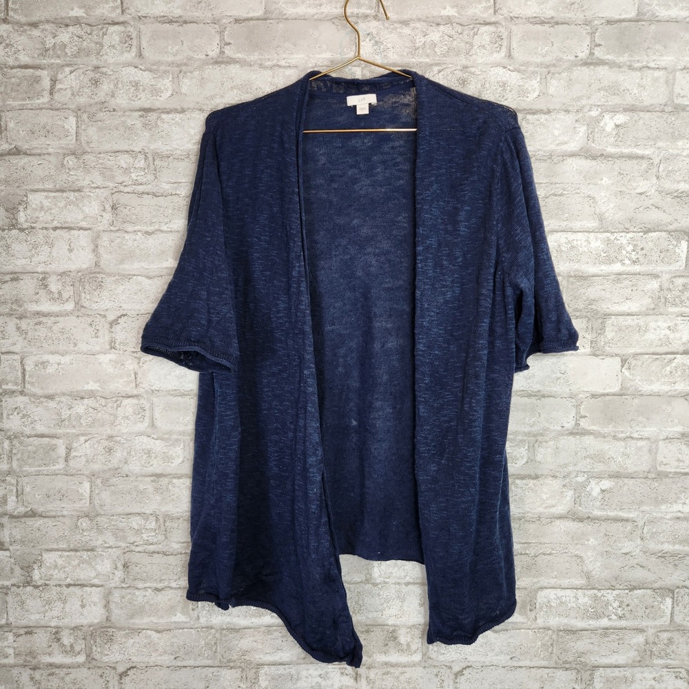 J. Jill Cardigan Navy Blue Linen Blend Knit Open Front Short Sleeve Large